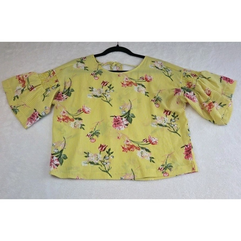 Twine & String Women's Size M Yellow Floral Blouse Bell Sleeves
